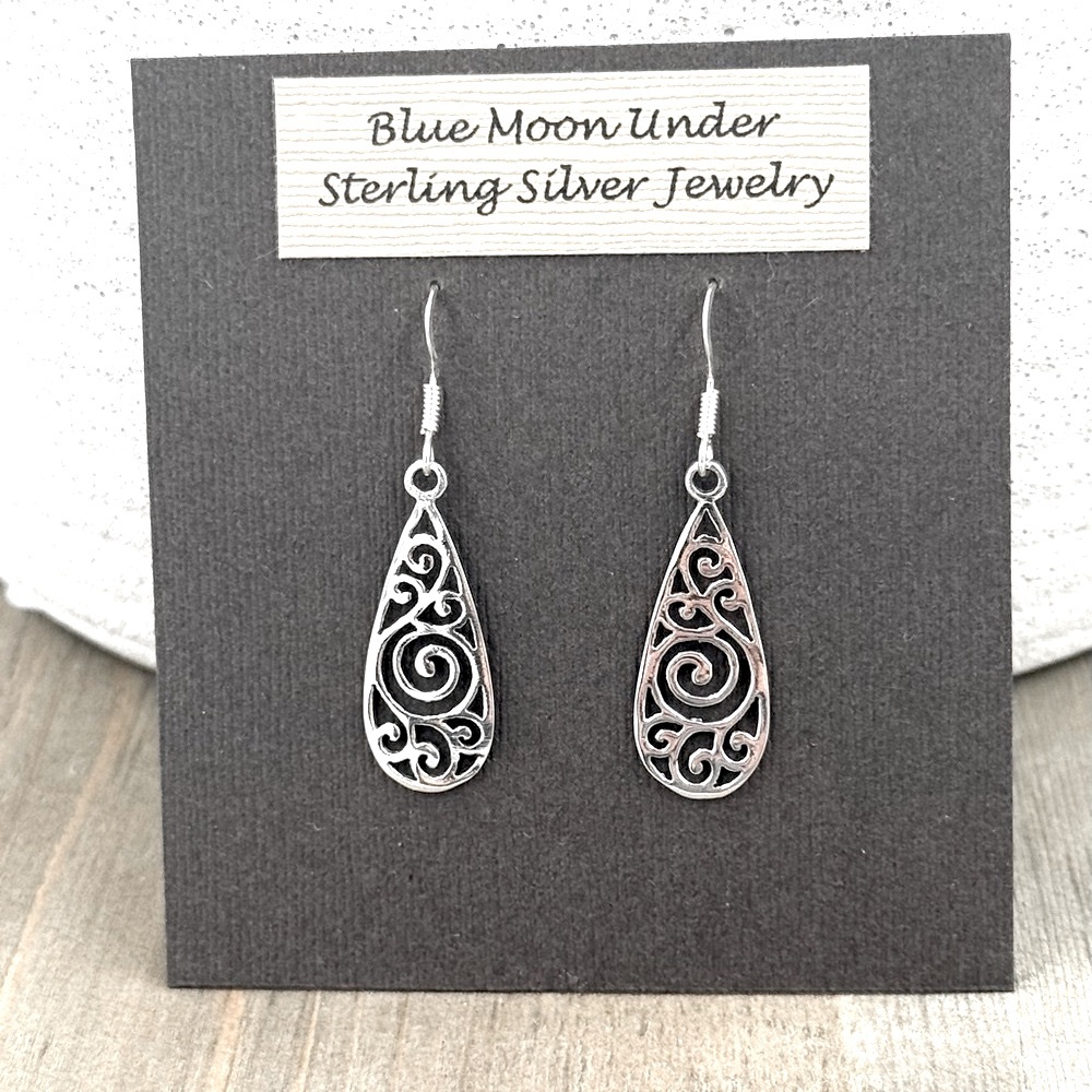 925 Sterling Silver Swirl Design Dangle Earrings! Hypoallergenic! NEW! - Picture 2 of 6